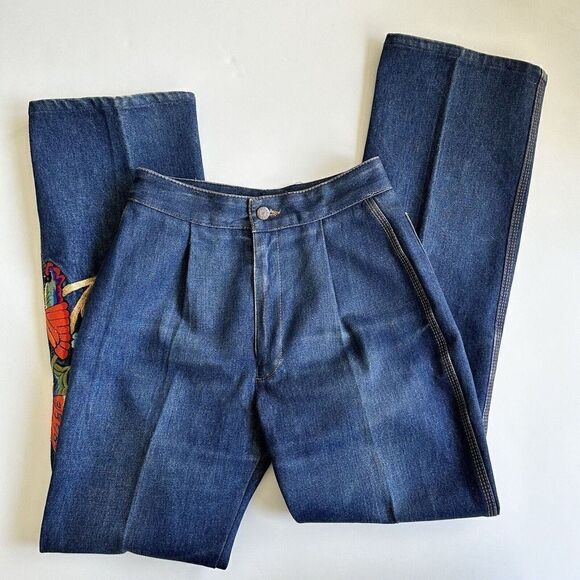 Vintage 70s Vik Vizette Flare Jeans Denim Embroidered Butterflies Blue Size 26 - Picture 4 of 12